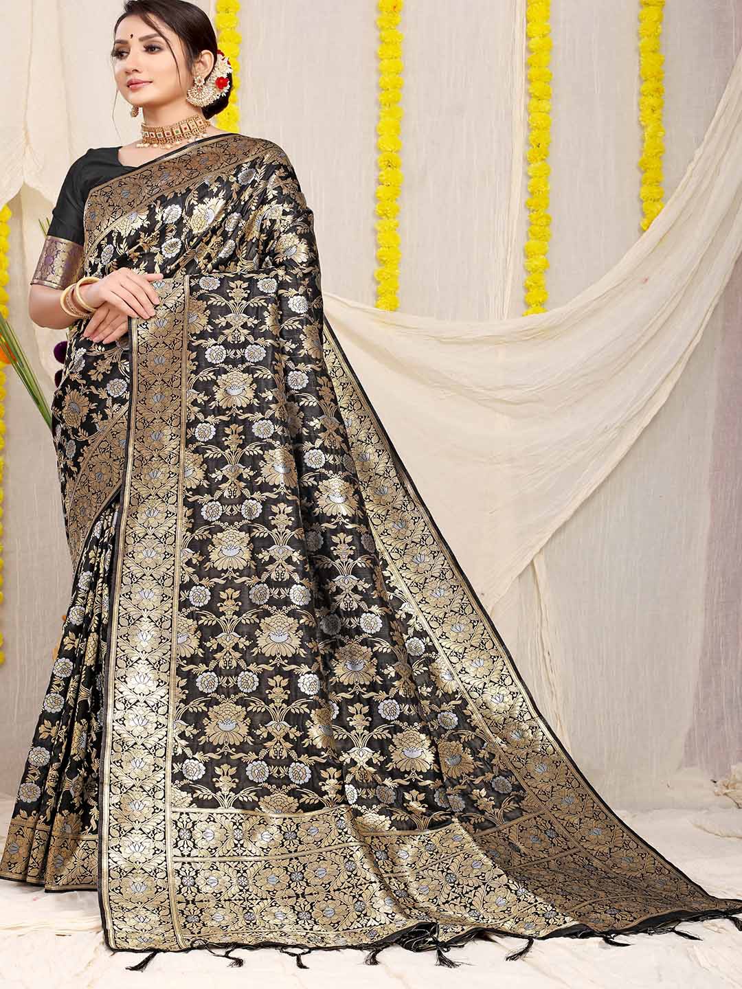 

Mitera Black & Gold Woven Design Zari Saree