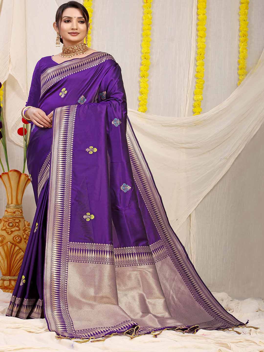

Mitera Ethnic Motifs Woven Design Zari Detailed Saree, Purple