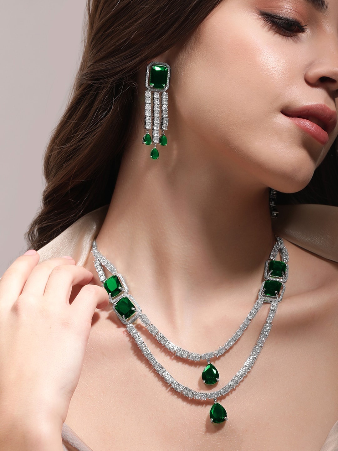

Rubans Rhodium Plated CZ Studded Jewellery Set, Silver
