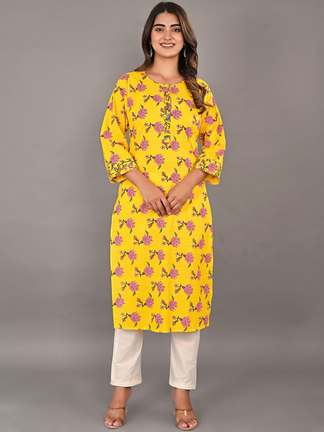 

KALINI Ethnic Motifs Printed Pure Cotton Kurta, Yellow