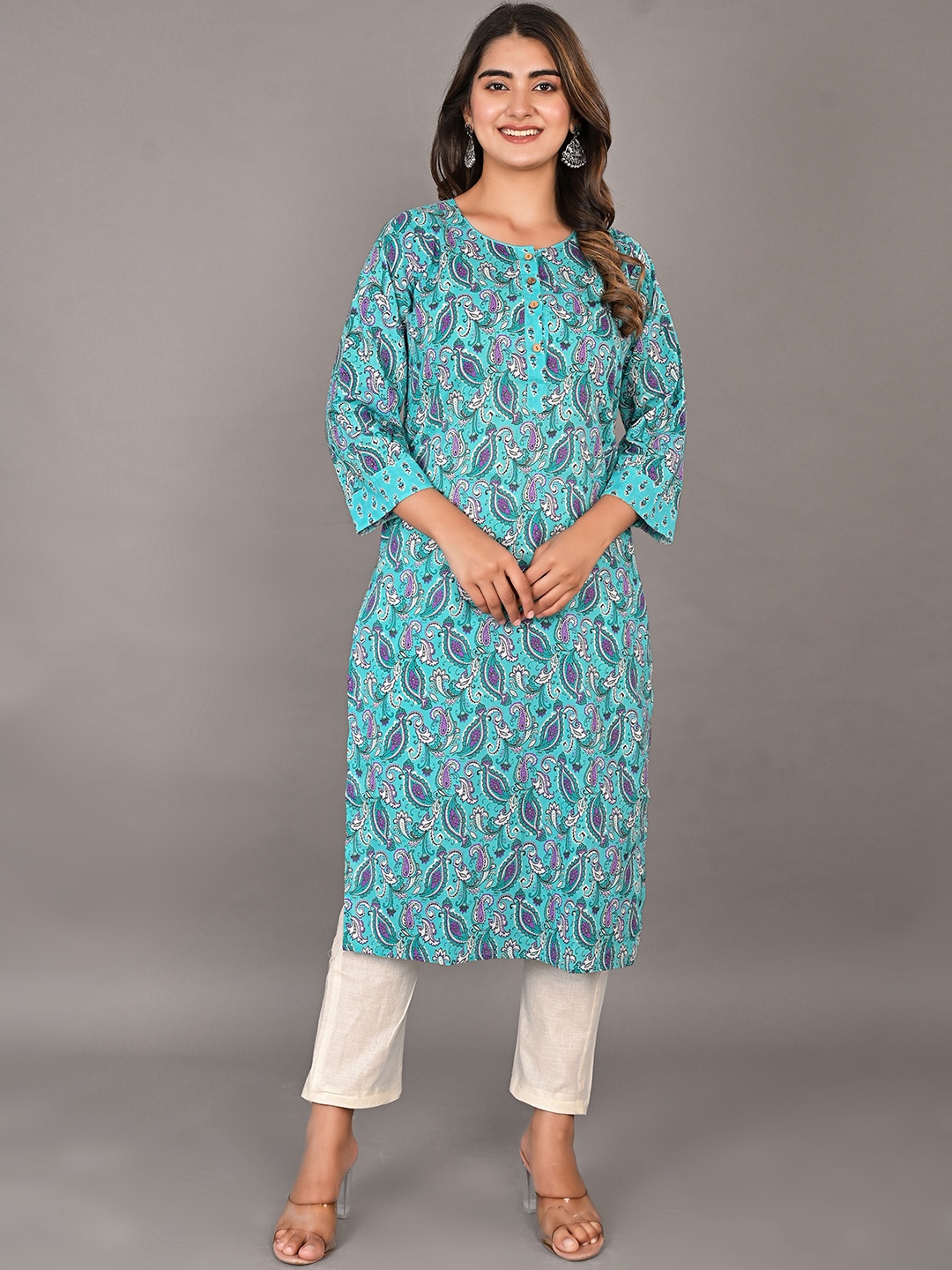 

KALINI Ethnic Motif Printed Cotton Straight Kurta, Blue