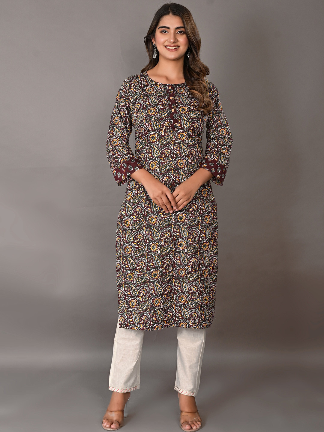 

KALINI Paisley Printed Round Neck Cotton Straight Kurta, Brown