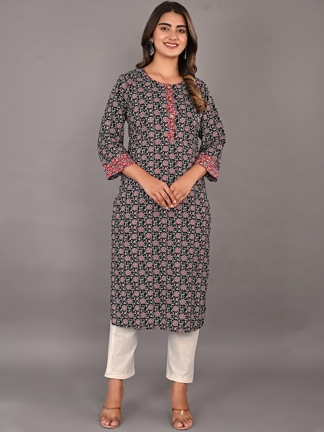 KALINI Floral Printed Round Neck Cotton Straight Kurta, Black