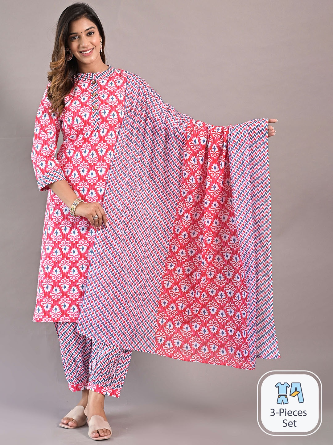

KALINI Floral Printed Regular Pure Cotton Straight Kurta & Harem Pants With Dupatta, Pink
