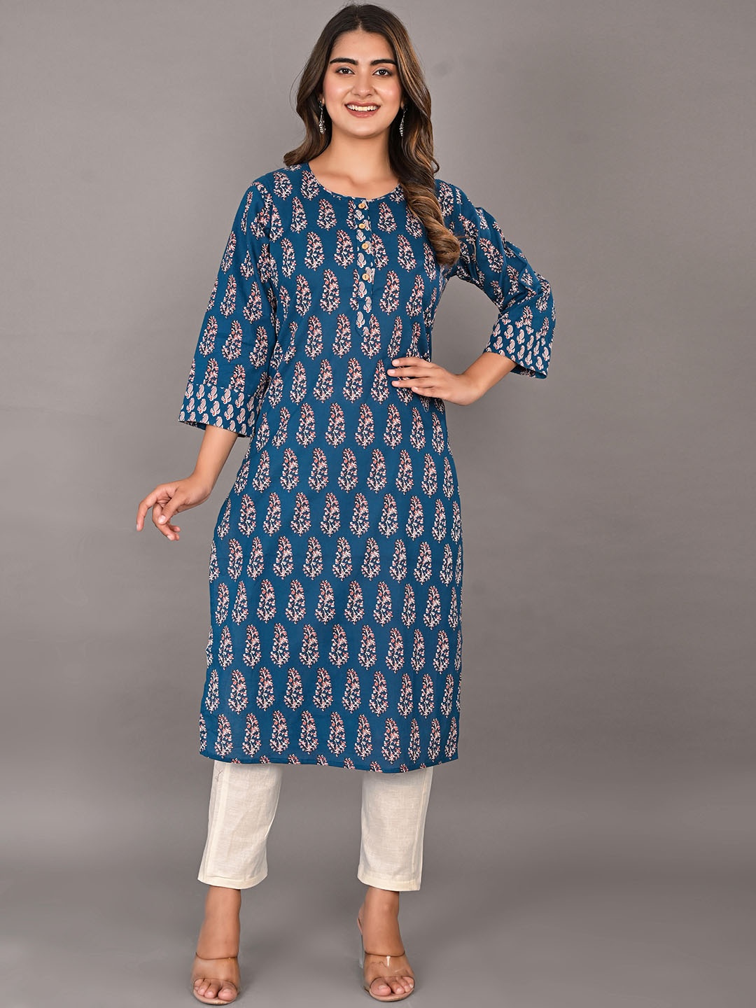 

KALINI Ethnic Motifs Printed Cotton Kurta, Blue
