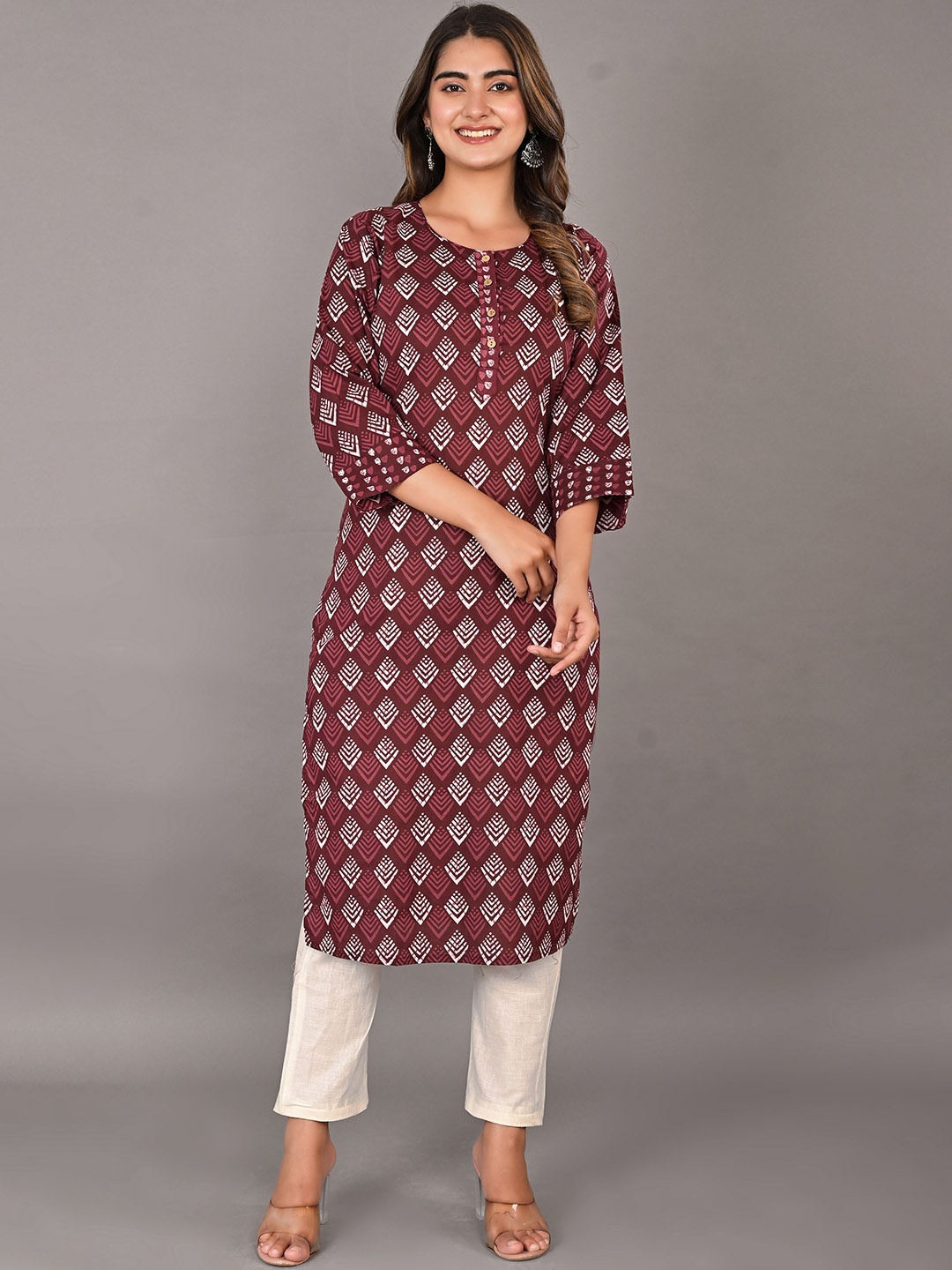 

KALINI Ethnic Motifs Printed Cotton Kurta, Maroon