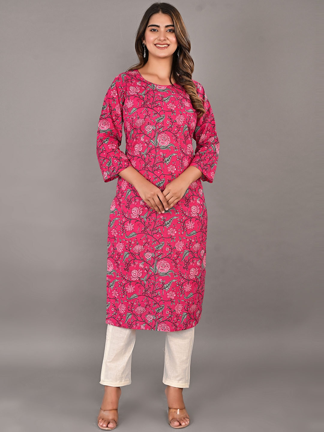 

KALINI Floral Printed Round Neck Cotton Straight Kurta, Pink