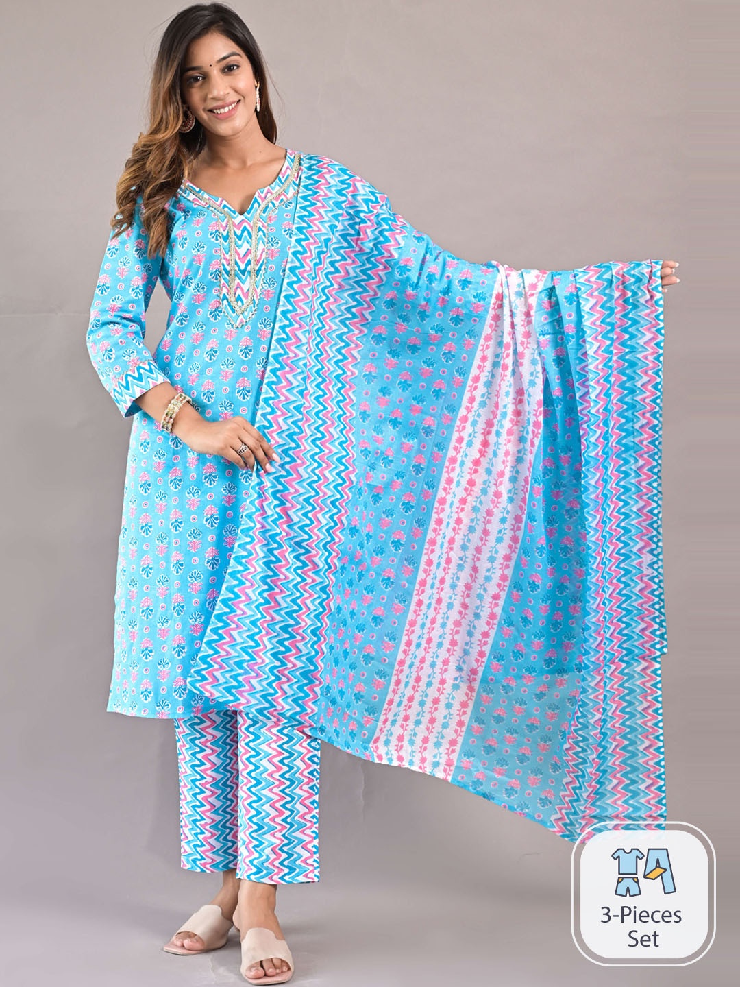 

KALINI Ethnic Motifs Printed Regular Pure Cotton Kurta With Trousers & Dupatta, Blue