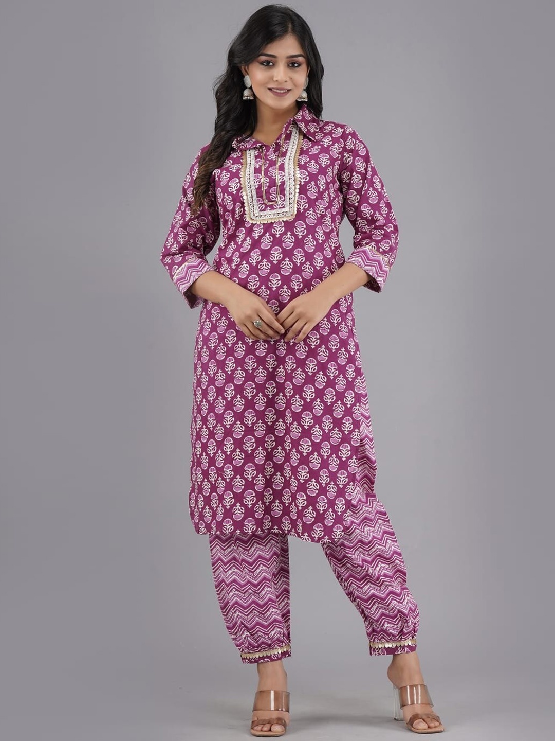 

KALINI Floral Printed Regular Pure Cotton Kurta with Trousers, Lavender