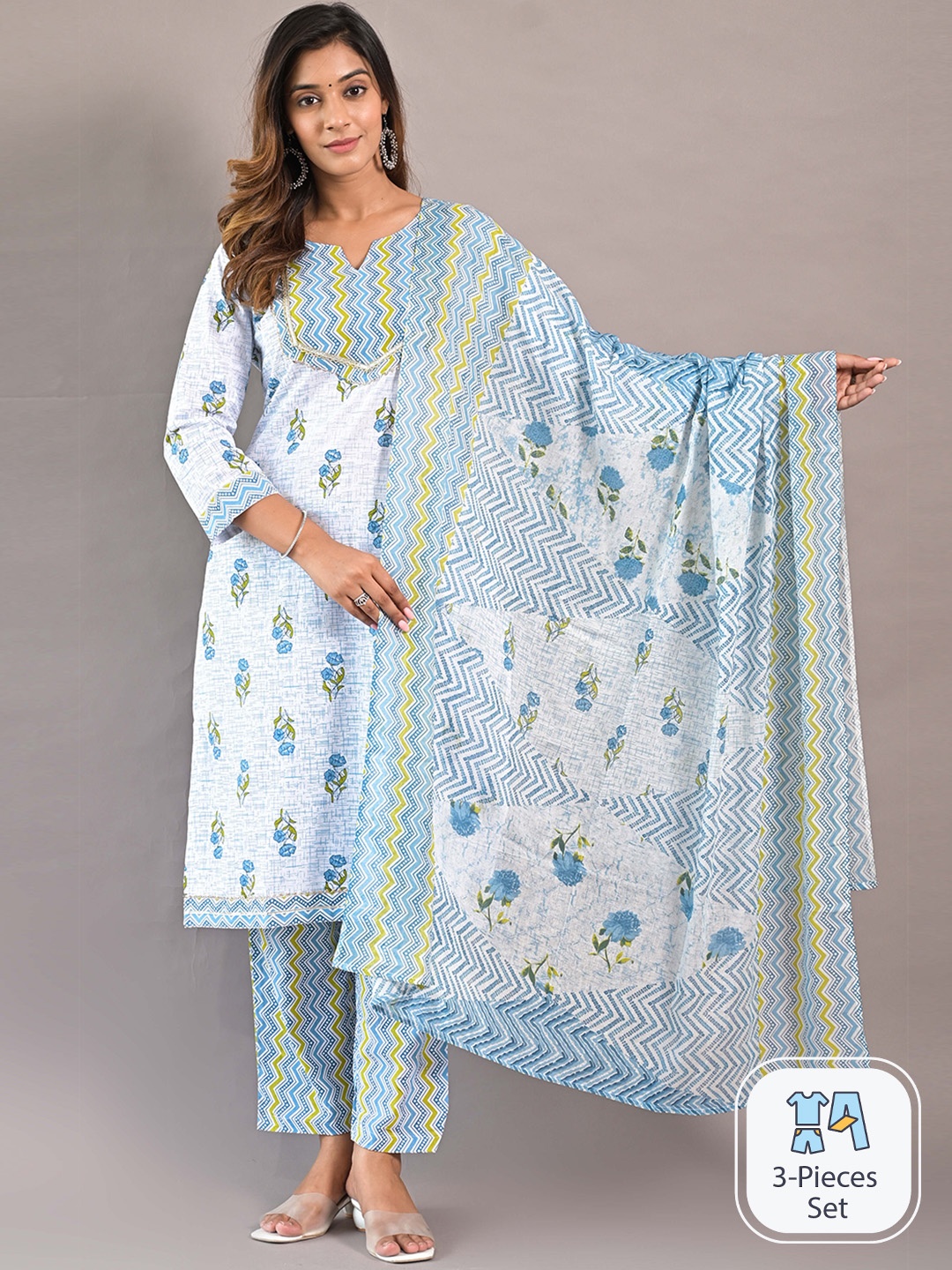 

KALINI Ethnic Motifs Printed Gotta Patti Pure Cotton Kurta With Trousers & Dupatta, Blue