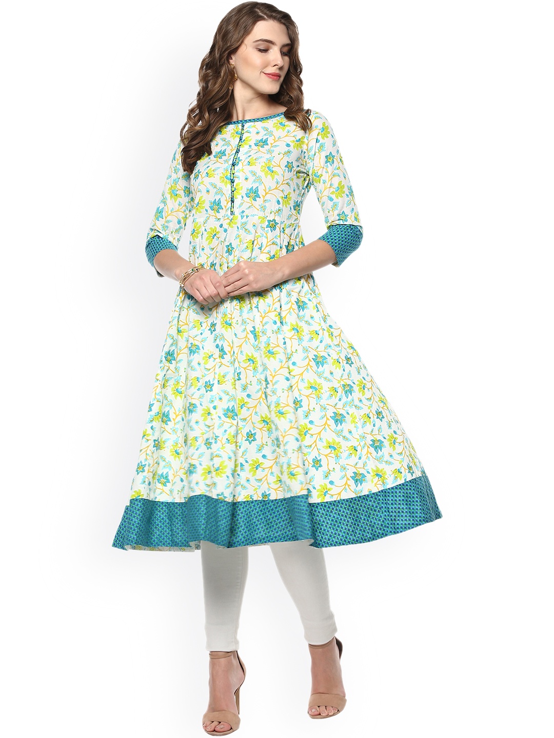 

Janasya Women White & Blue Floral Print Anarkali Kurta