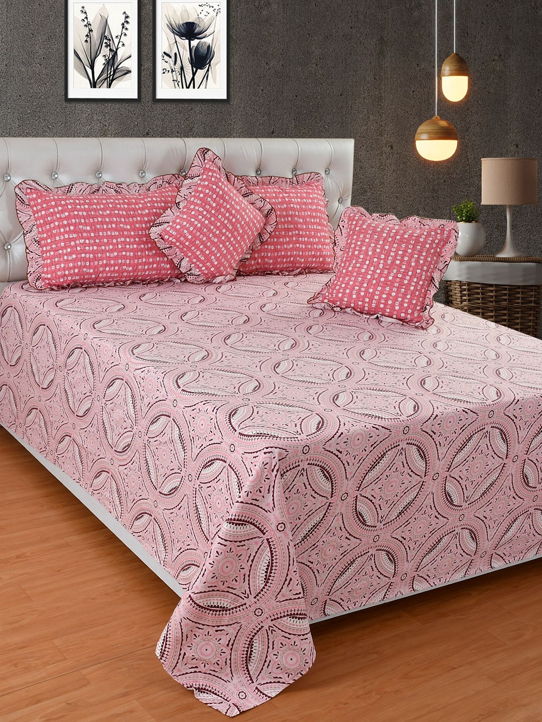 

MORADO Pink 5 Pieces Ethnic Motifs Printed Bedding Set