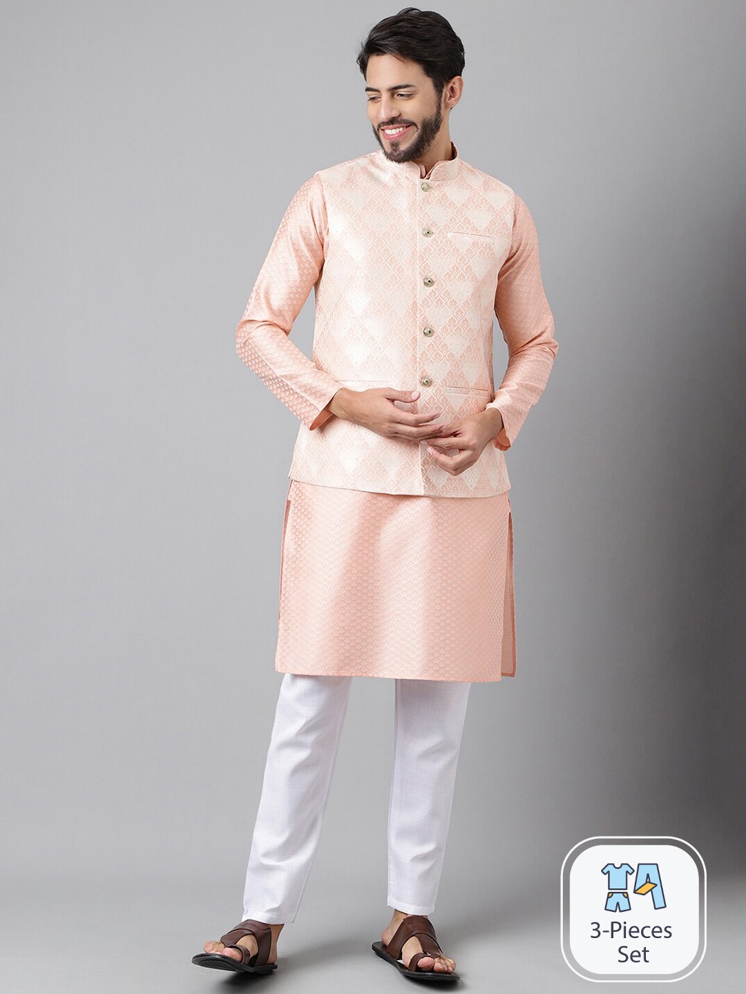 

SHADOW & SAINING Long Sleeves Straight Kurta And Pyjamas With Woven Design Nehru Jacket, Peach
