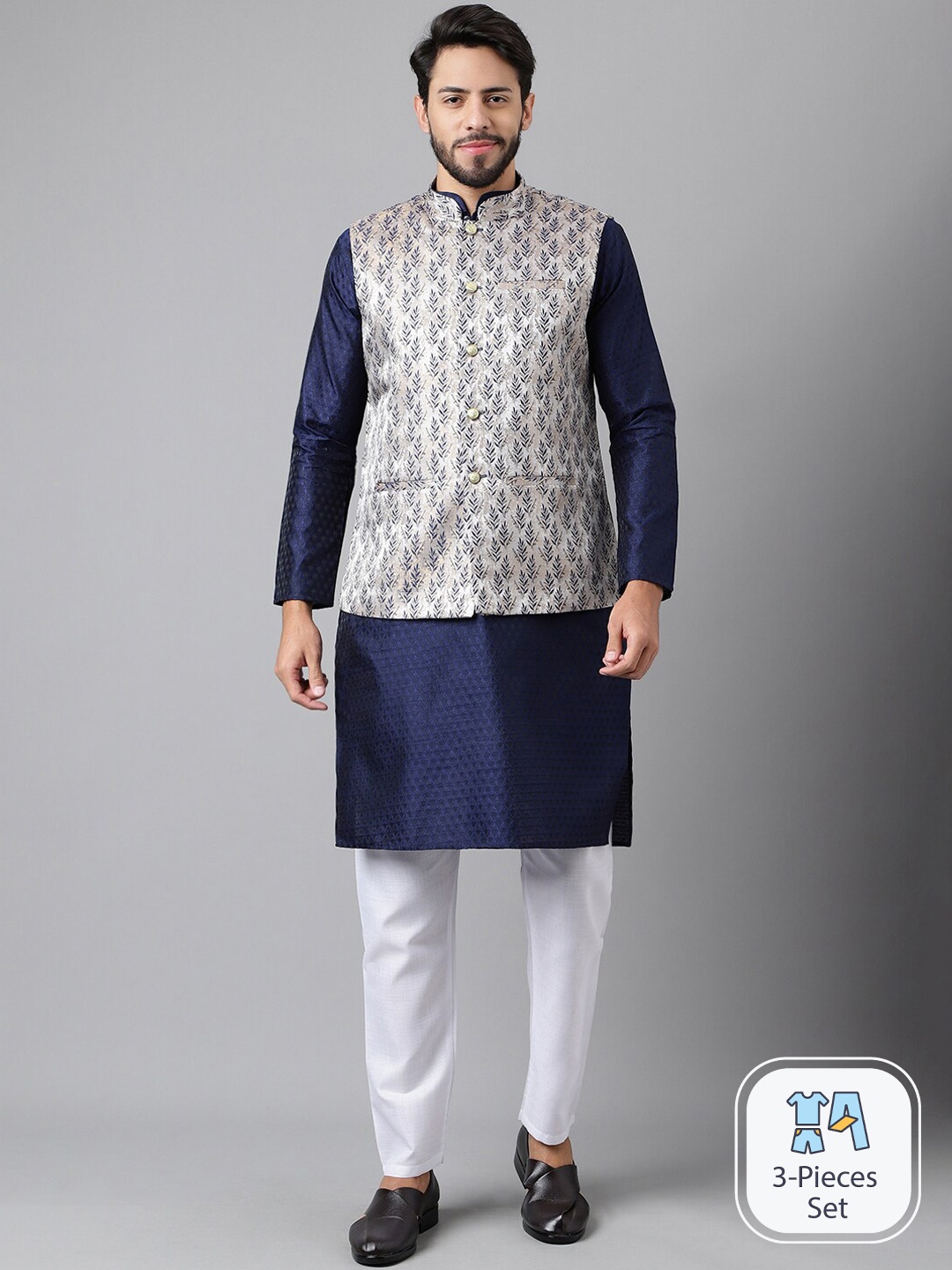 

SHADOW & SAINING Ethnic Motifs Woven Design Straight Kurta & Pyjamas With Nehru Jacket, Navy blue