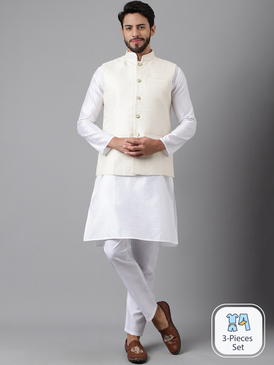 

SHADOW & SAINING Long Sleeves Straight Kurta And Pyjamas With Woven Design Nehru Jacket, White