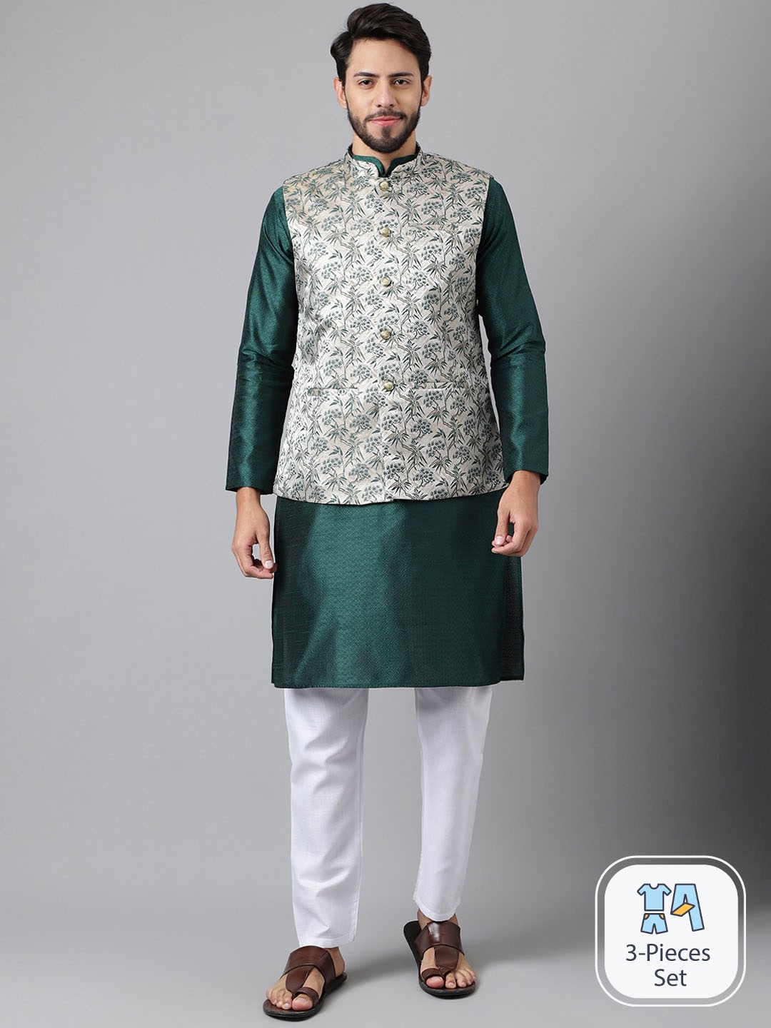 

SHADOW & SAINING Long Sleeves Straight Kurta And Pyjamas With Floral Printed Nehru Jacket, Green