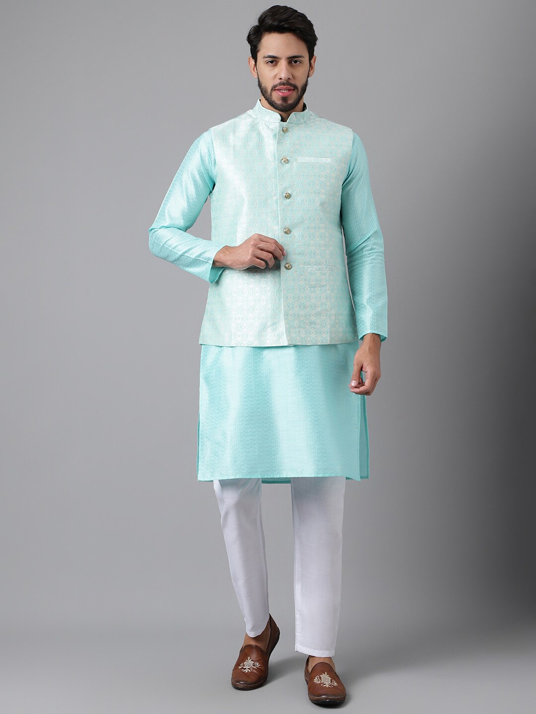 

SHADOW & SAINING Men Woven Design Regular Kurta with Pyjamas and Nehru Jacket, Blue