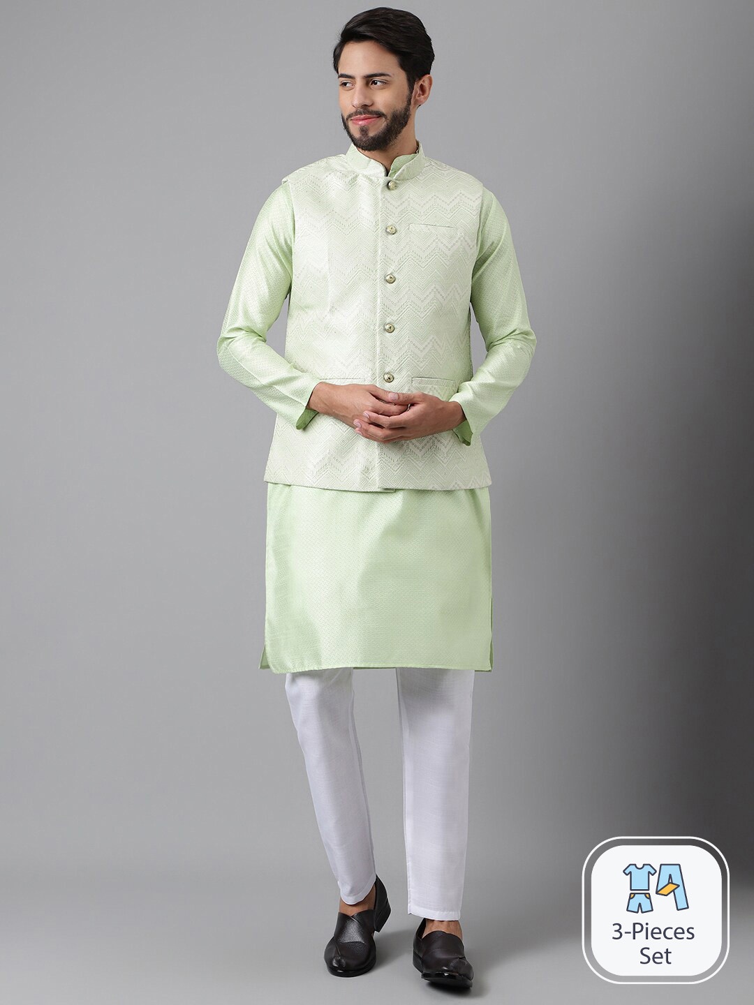

SHADOW & SAINING Long Sleeves Straight Kurta And Pyjamas With Woven Design Nehru Jacket, Lime green