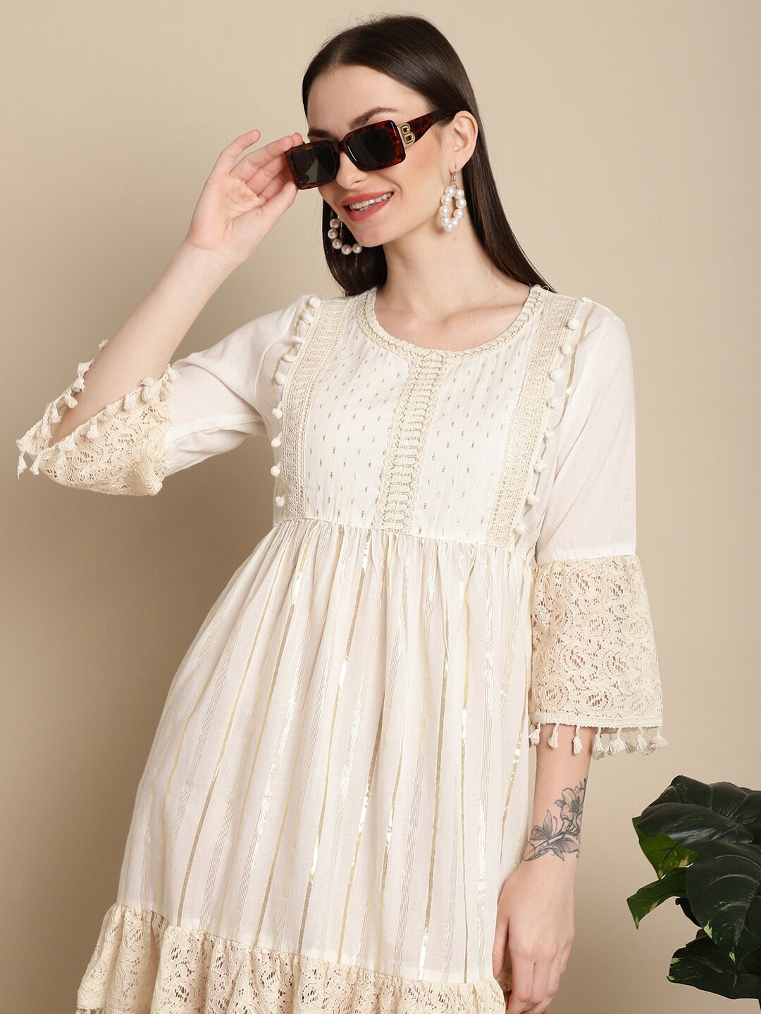 

Sangria Embroidered Cotton Schiffli Round Neck Ethnic Dresses, Cream