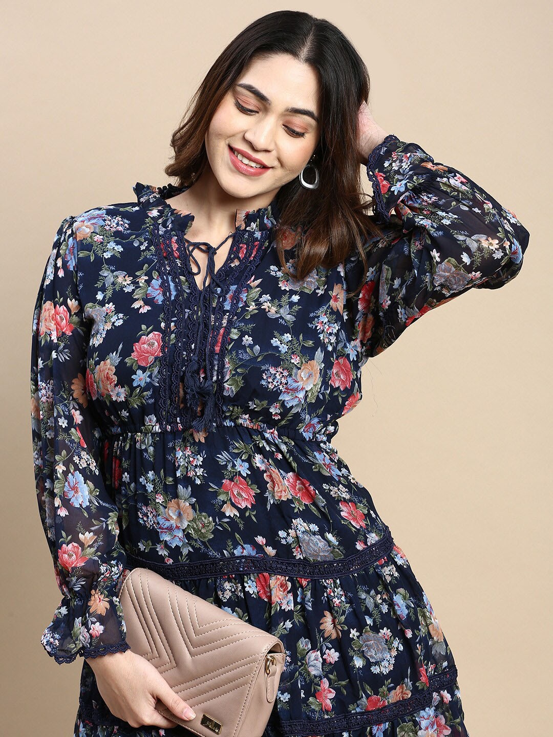 

SHOWOFF Plus Floral Printed Tie-Up Neck Georgette Empire Dress, Navy blue