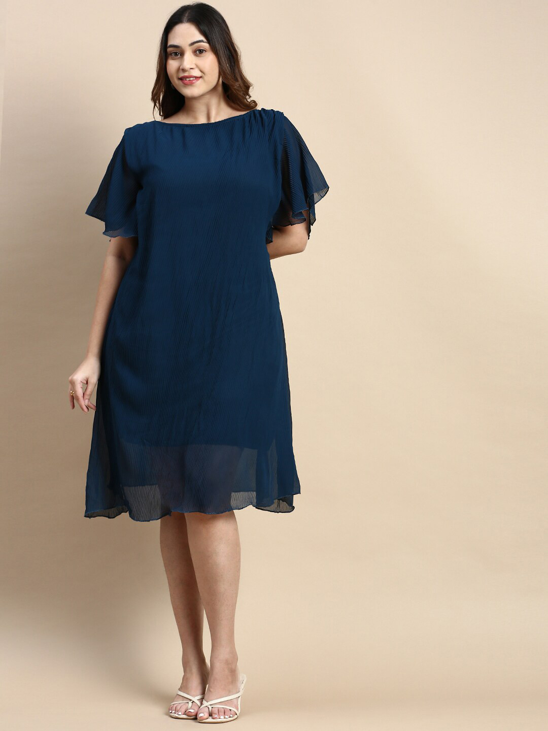 

SHOWOFF Plus Plus Size Flutter Sleeve Accordion Pleated A-Line Dress, Teal