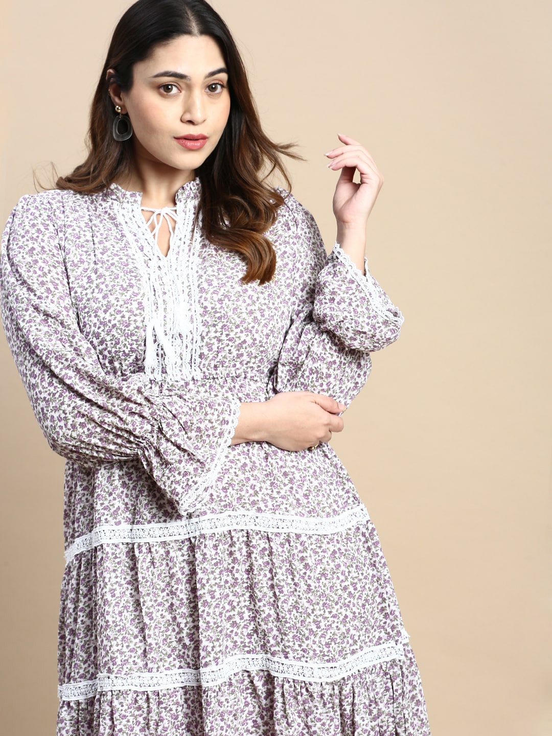 

SHOWOFF Plus Plus Size Floral Printed Lace Inserts Georgette A Line Dress, Purple