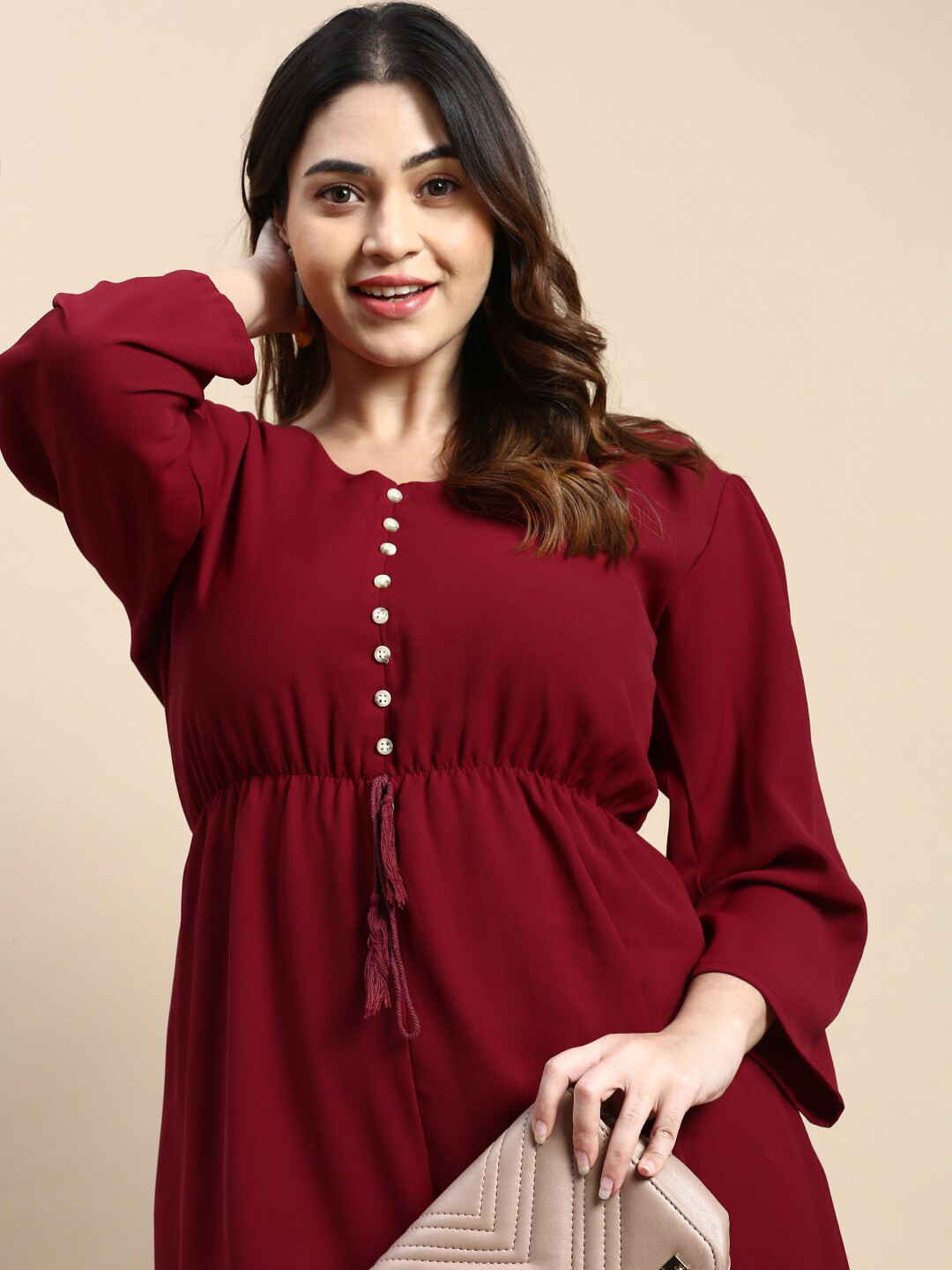 

SHOWOFF Plus Plus Size V-Neck Puff Sleeve Fit & Flare Dress, Burgundy