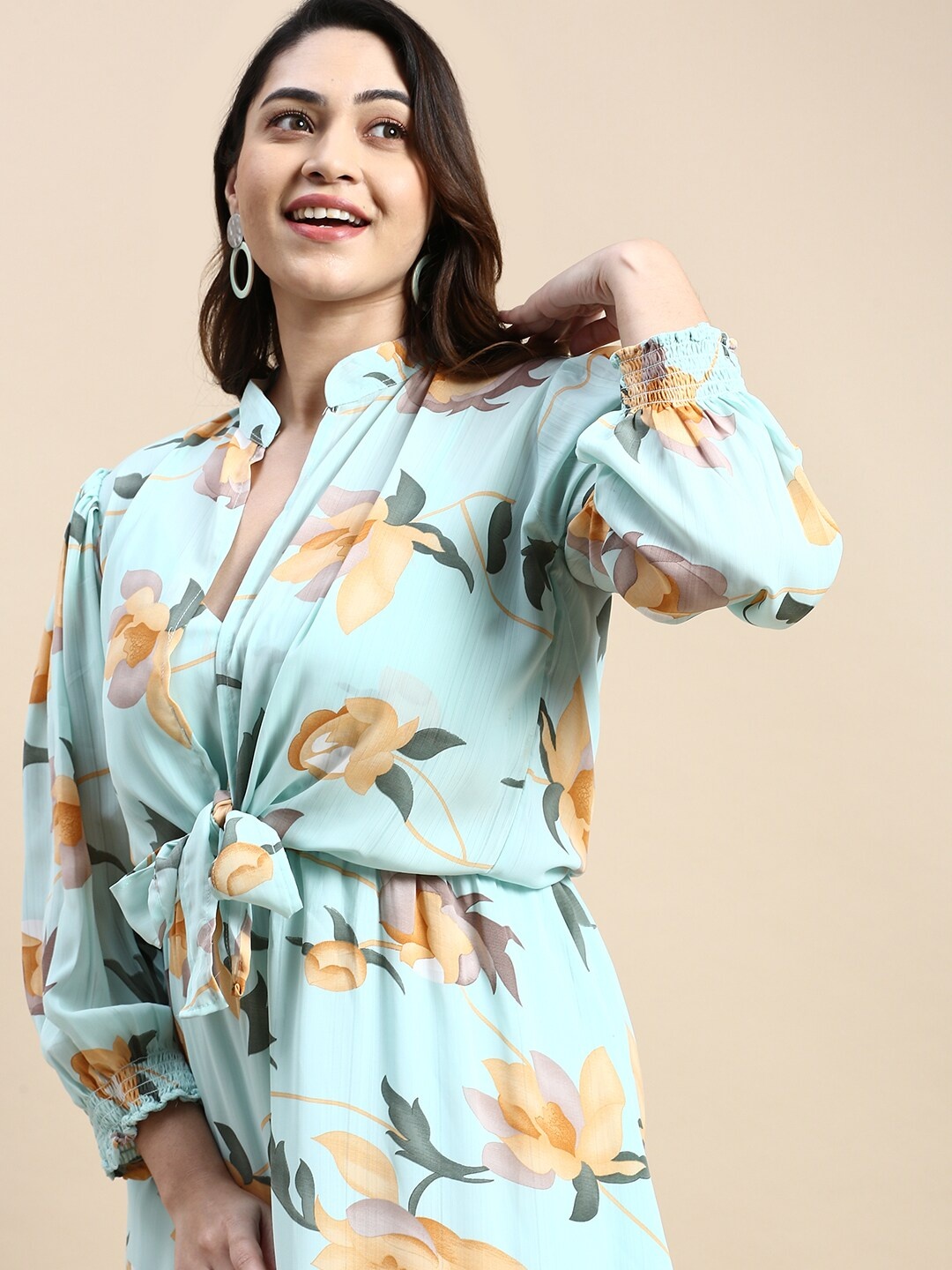 

SHOWOFF Plus Plus Size Floral Printed Shoulder Straps Gathered A-Line Dress With Shrug, Sea green