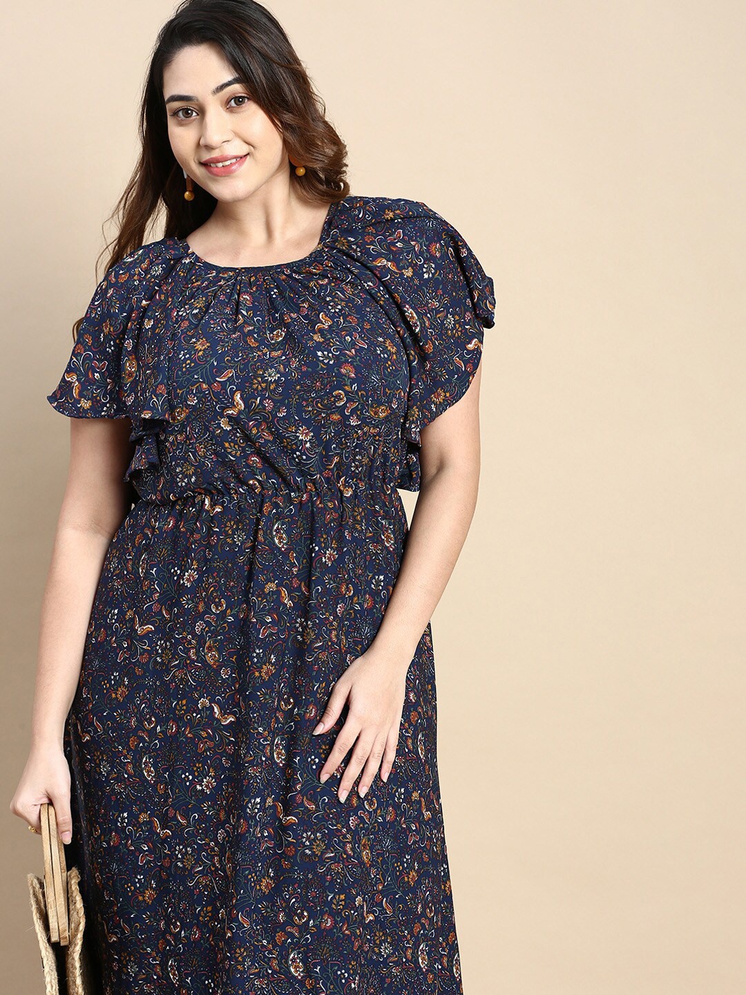 

SHOWOFF Plus Floral Printed Flutter Sleeve Fit & Flare Midi Dress, Navy blue