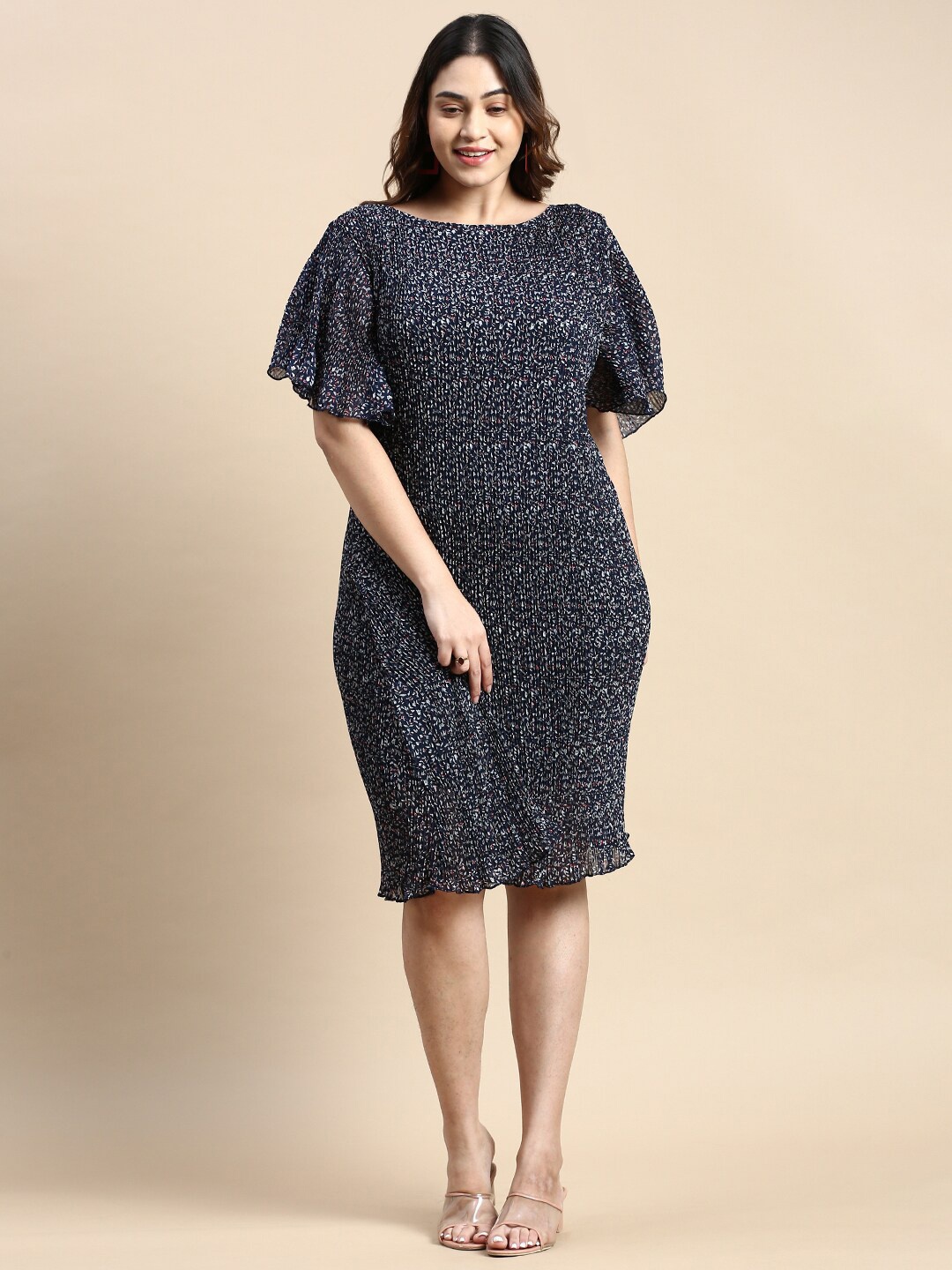 

SHOWOFF Plus Plus Size Floral Printed Accordion Pleated Flared Sleeve A-Line Dress, Navy blue