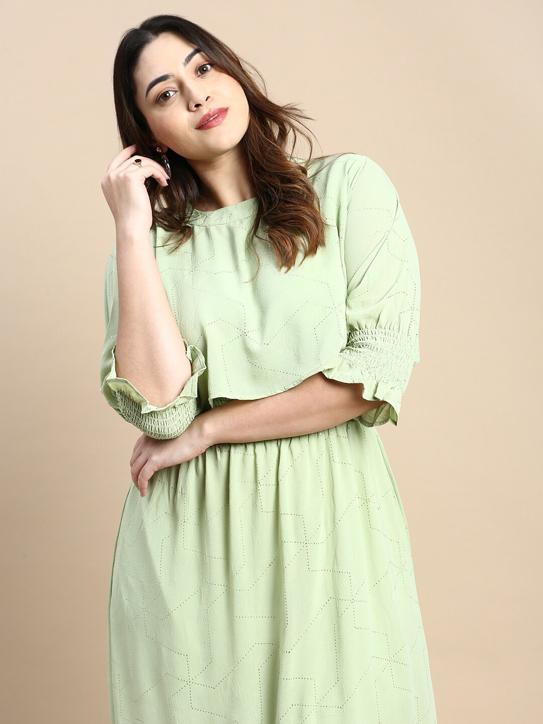 

SHOWOFF Plus Smocked Georgette Fit & Flare Midi Dress, Green