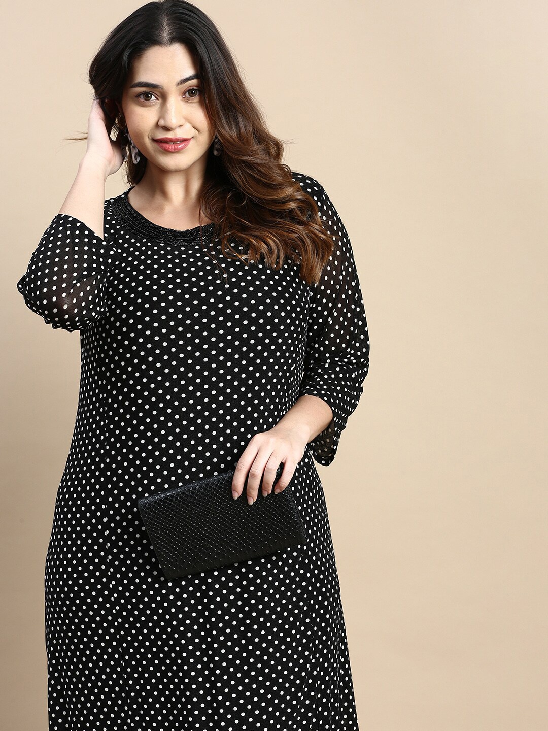 

SHOWOFF Plus Polka Dots Printed Round Neck Embellished A-Line Maxi Dress, Black