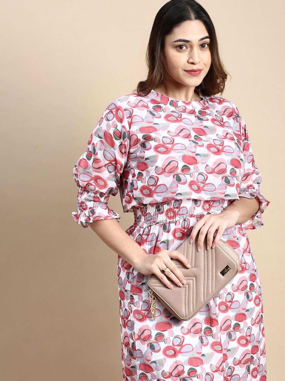

SHOWOFF Plus Plus Size Abstract Printed Cuffed Sleeve Gathered Blouson Dress, Pink