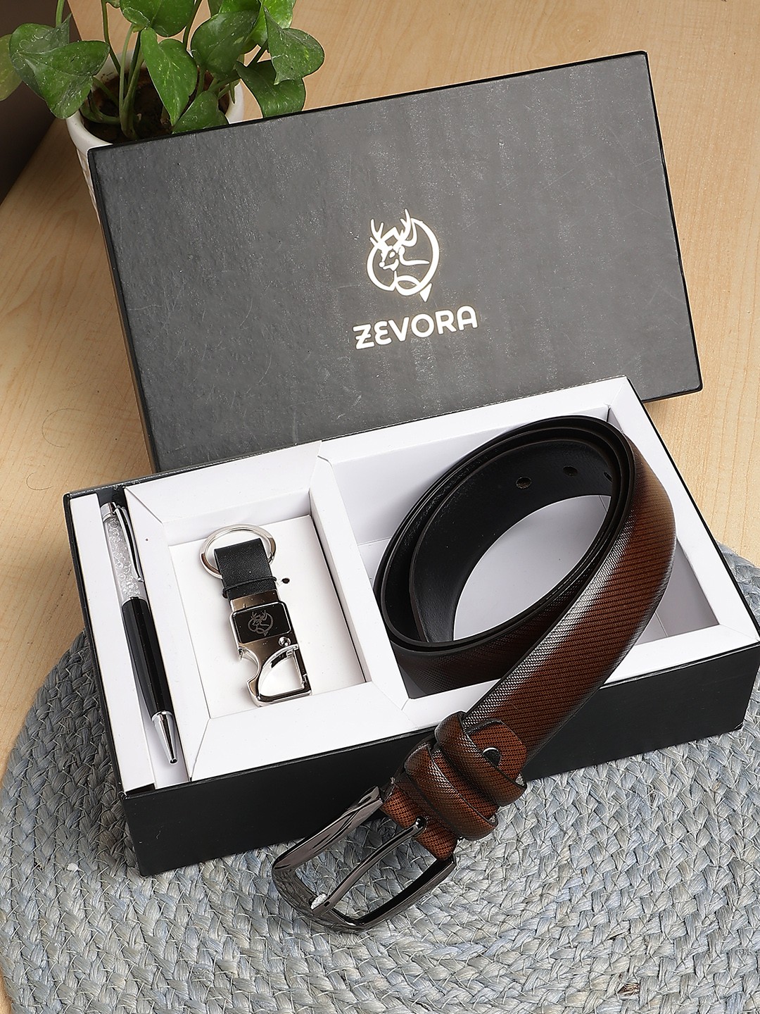 

ZEVORA Men Leather Belt Keychain & Pen, Brown