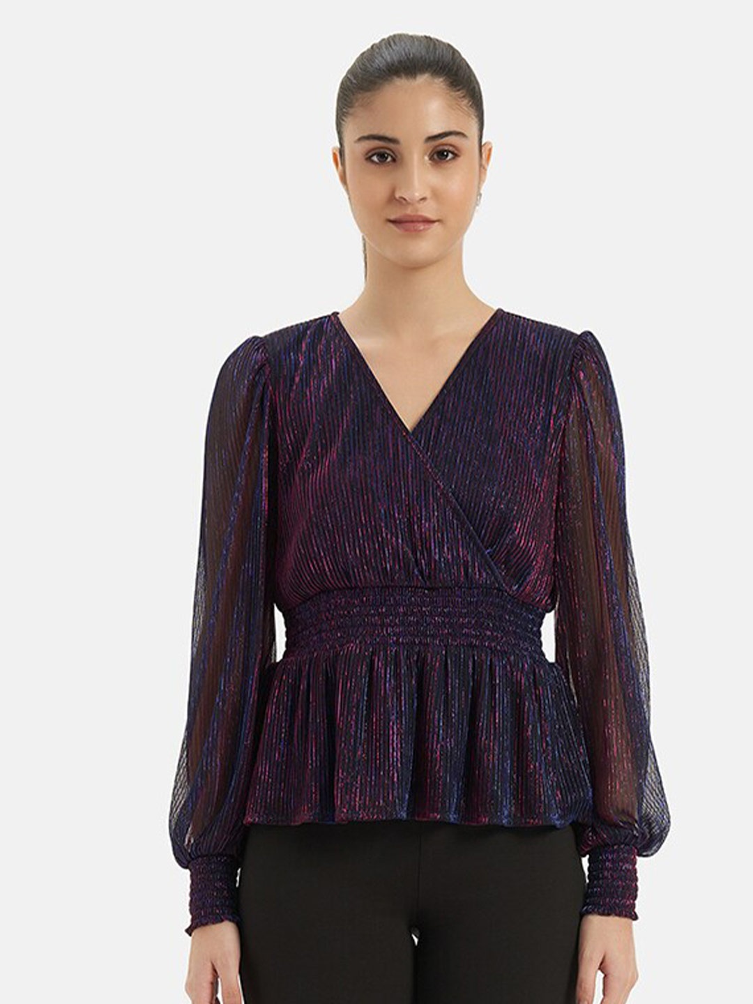 

Kazo Embellished Cuffed Sleeves Cinched Waist Top, Blue