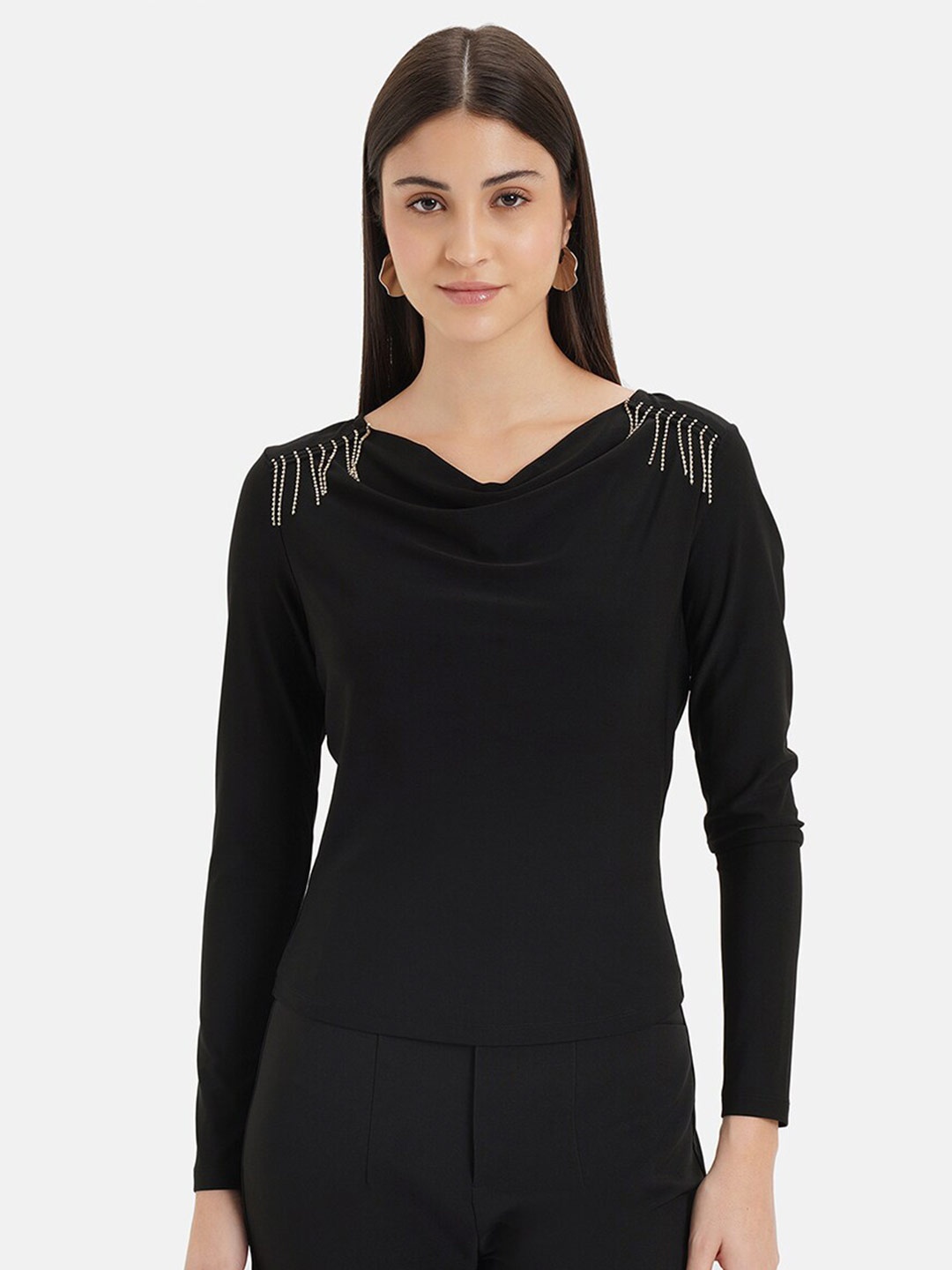 

Kazo Cowl Neck Long Sleeves Cotton Top, Black