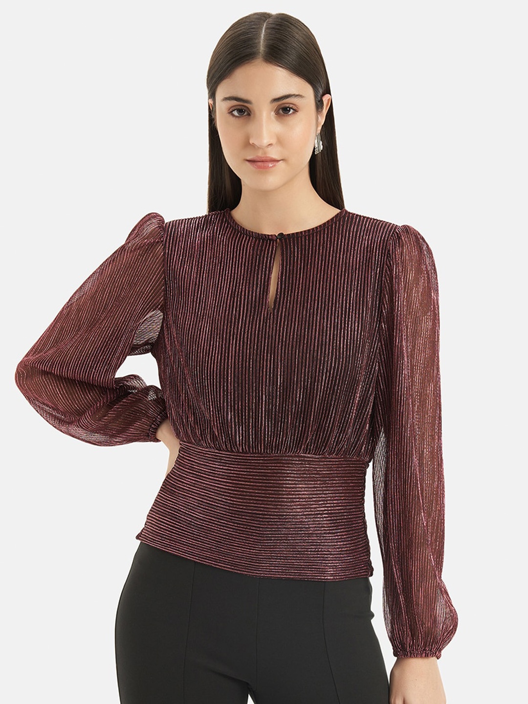 

Kazo Self Design Smocked Puff Sleeves Keyhole Neck Cinched Waist Top, Brown