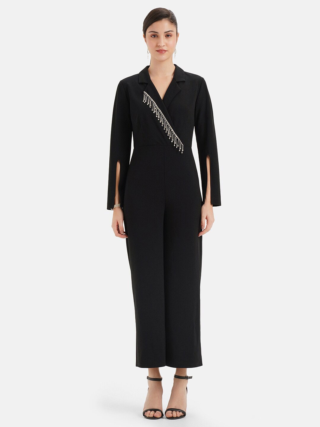 

Kazo Embellished Shirt Collar Flared Sleeve Basic Jumpsuit, Black