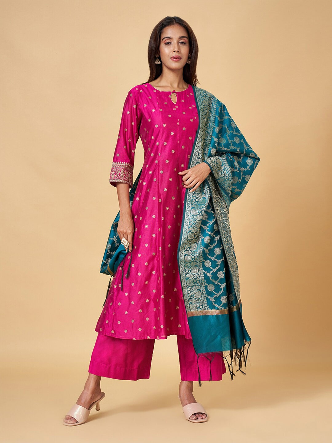 

RANGMANCH BY PANTALOONS Floral Woven Design Dupatta With Zari, Teal