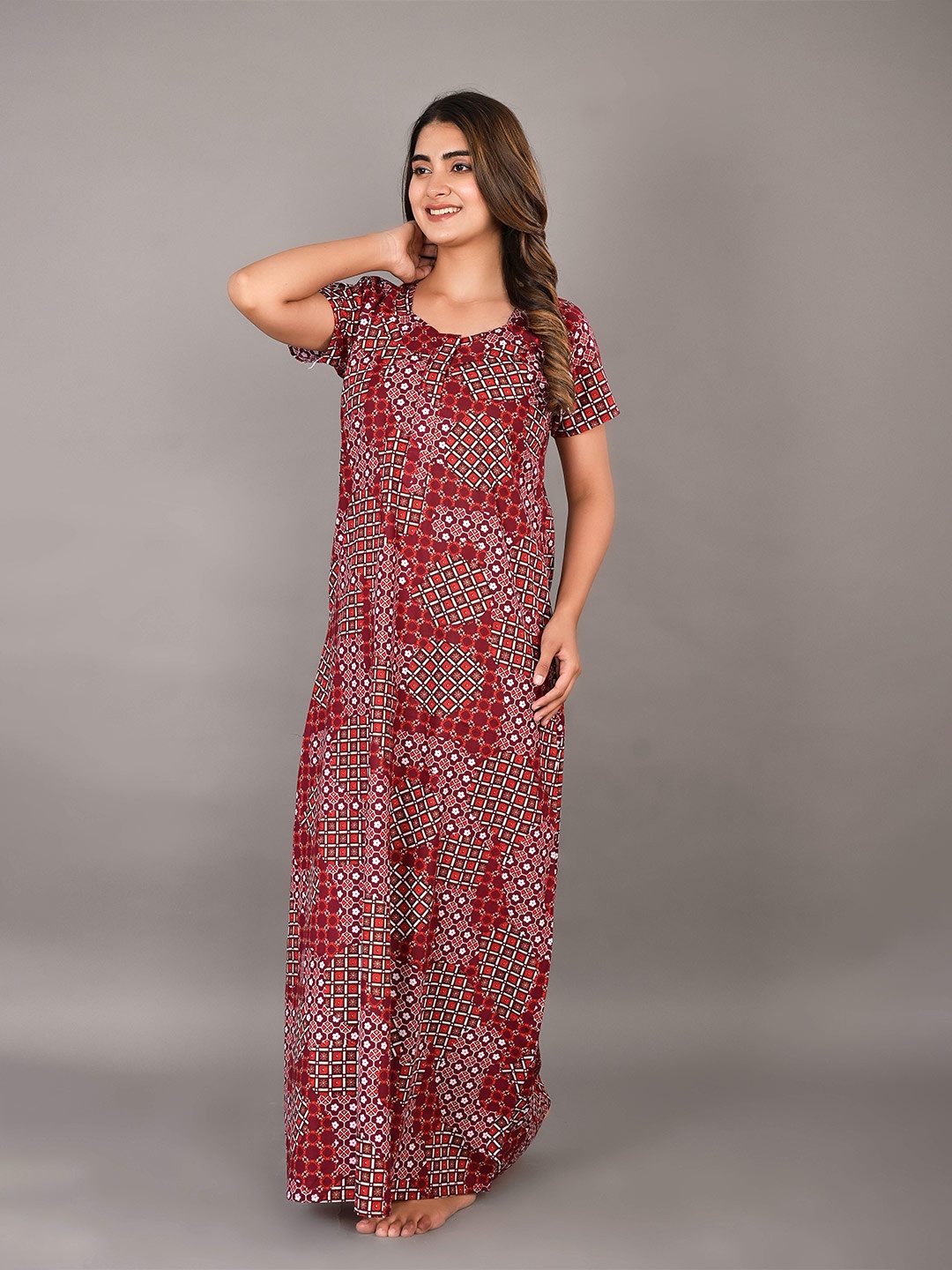 

KALINI Printed Cotton Maxi Nightdress, Maroon