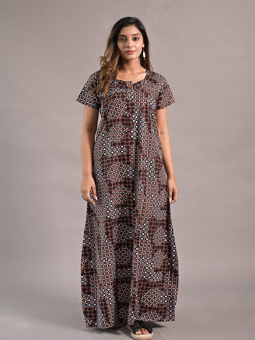

KALINI Printed Cotton Maxi Nightdress, Brown