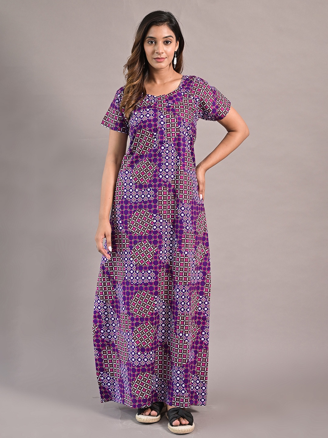 

KALINI Printed Pure Cotton Maxi Nightdress, Purple