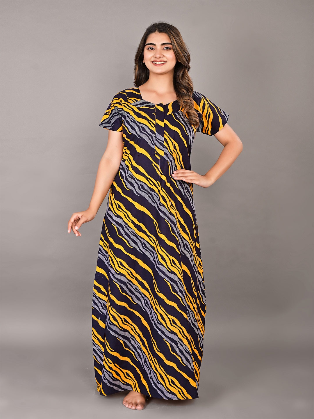 

KALINI Abstract Printed Pure Cotton Maxi Nightdress, Yellow