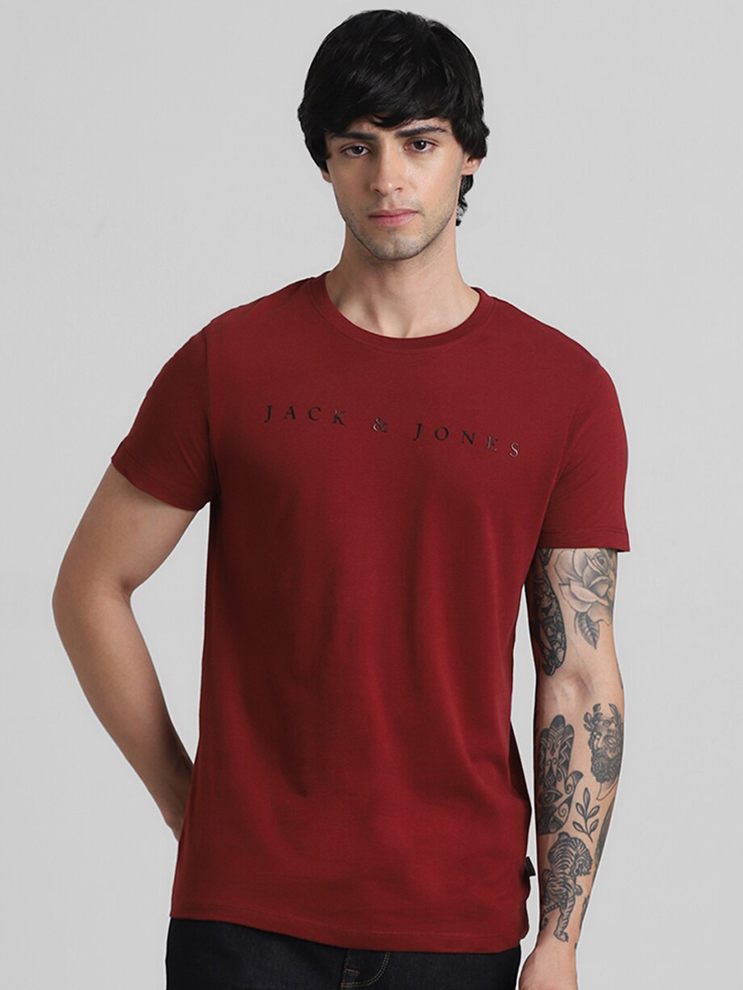 

Jack & Jones Brand Logo Printed Cotton T-shirt, Red