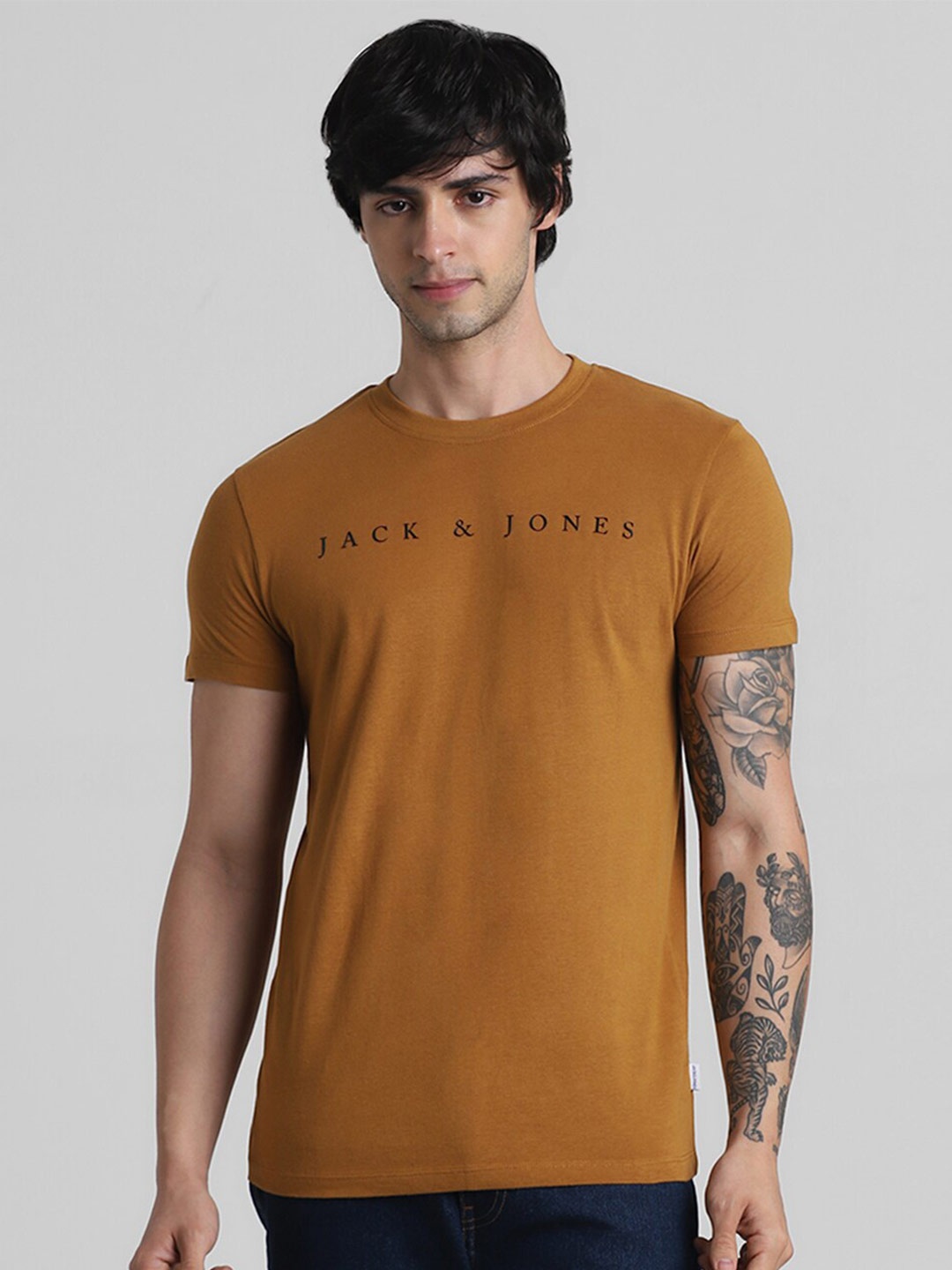 Jack & Jones Typography Printed Round Neck Slim Fit T-shirt, Brown