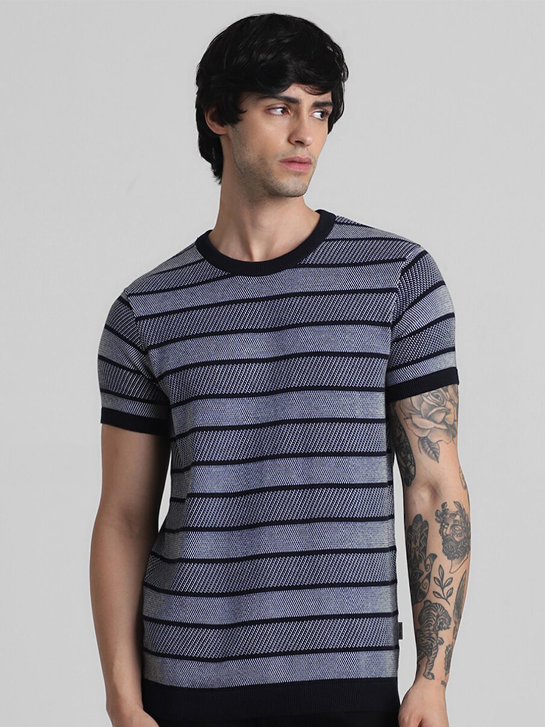 

Jack & Jones Striped Round Neck Pure Cotton T-shirt, Blue