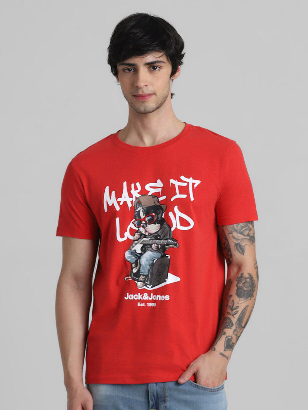 

Jack & Jones Brand Logo Printed Cotton T-shirt, Red