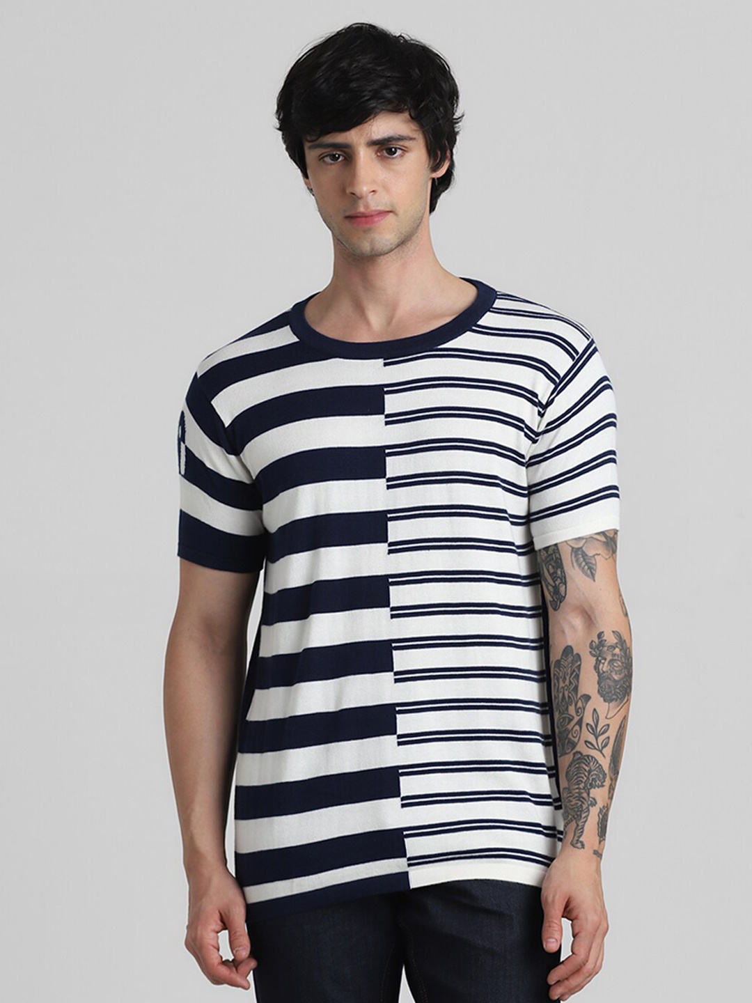 

Jack & Jones Striped Round Neck Pure Cotton T-shirt, White