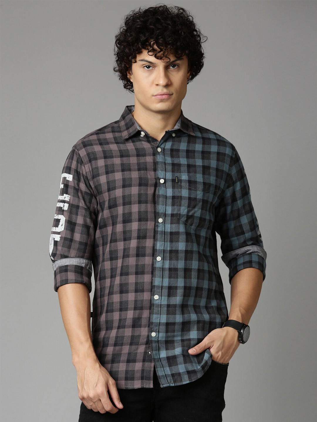 

OOKO KAKA Slim Fit Checked Pure Cotton Casual Shirt, Black