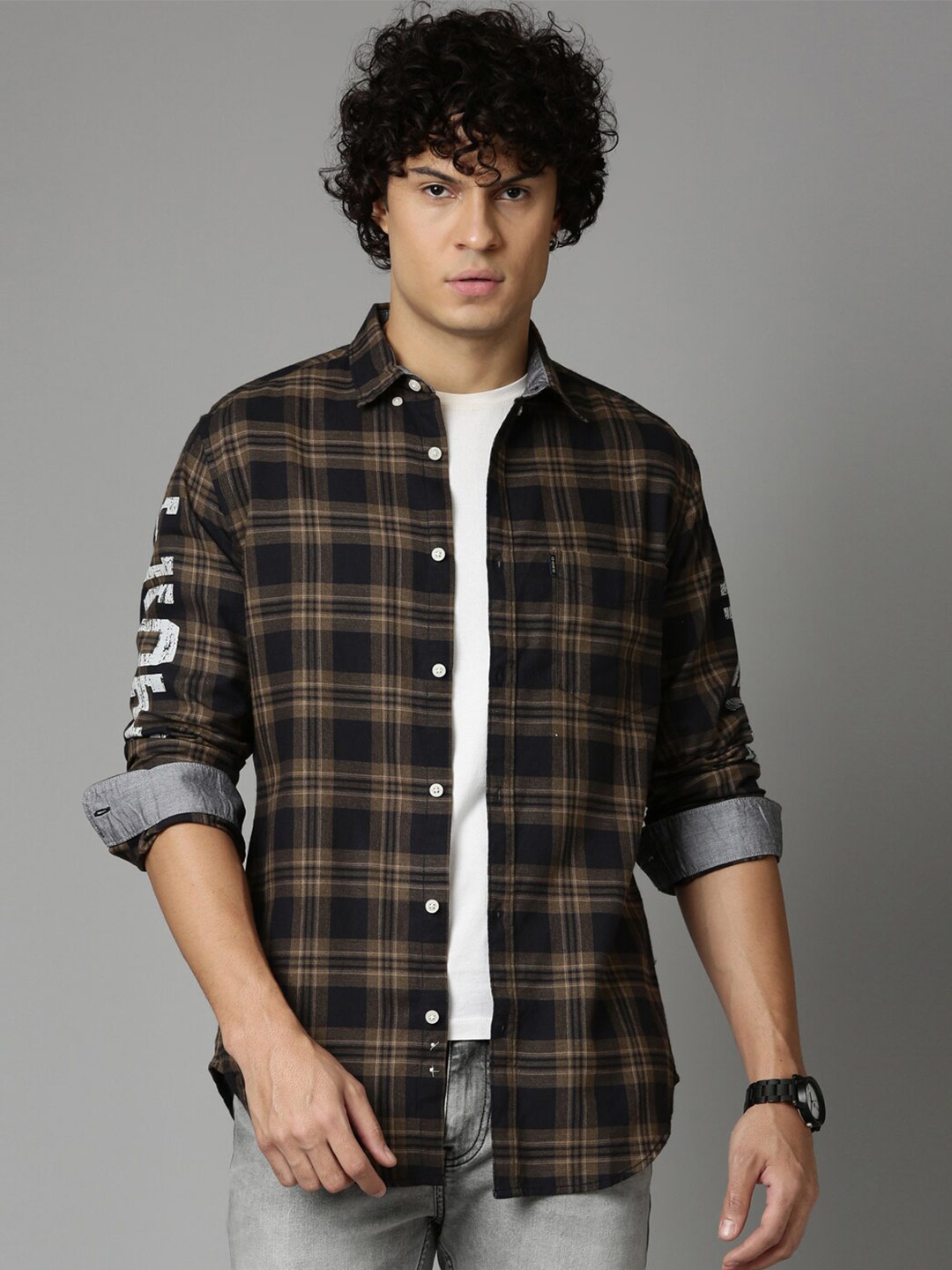 

OOKO KAKA Slim Fit Tartan Checks Pure Cotton Casual Shirt, Black